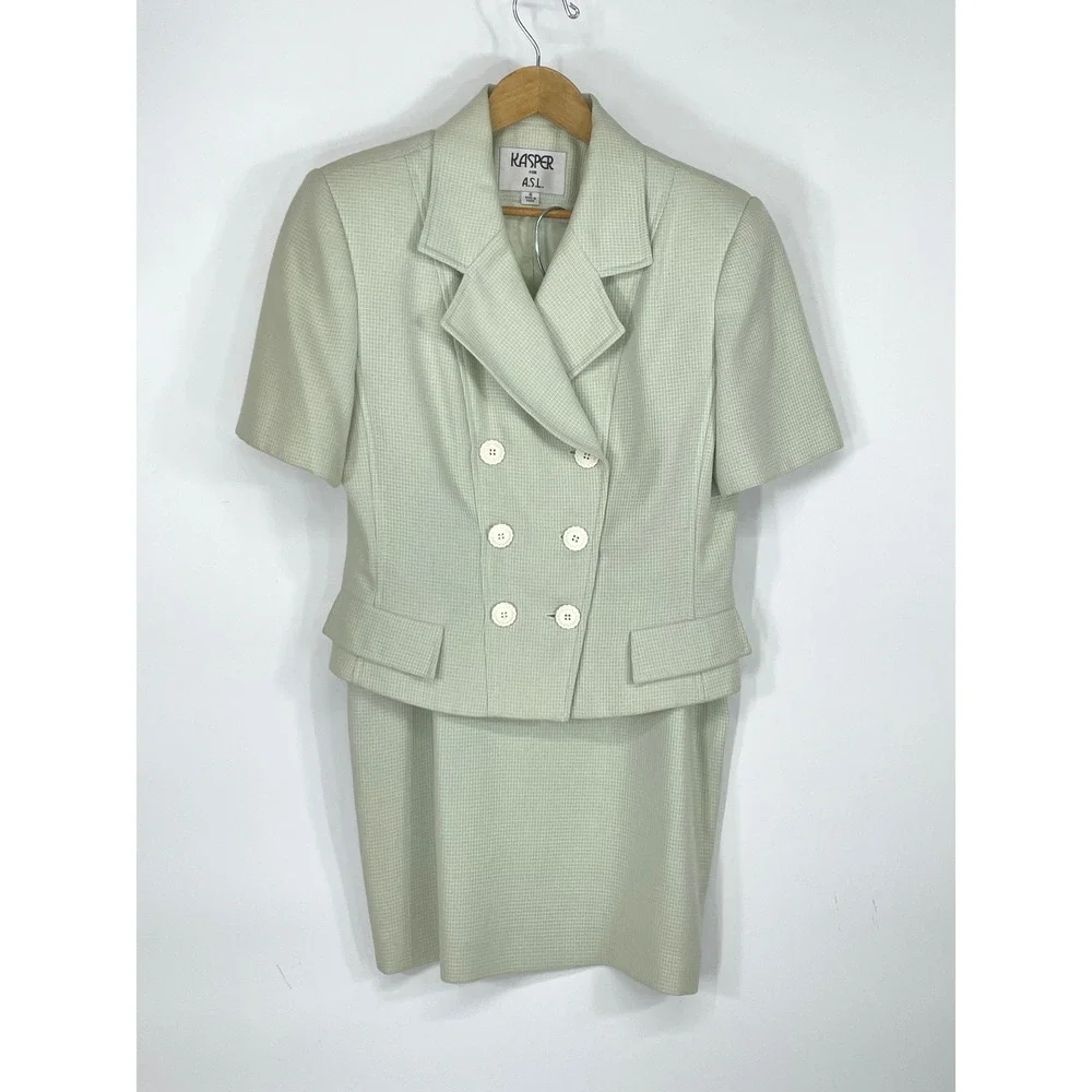 Vintage Kasper for A.S.L. Womens Skirt Suit 8 Sage Green Check Short Sleeve